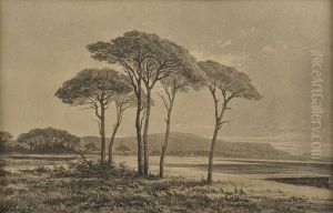 Rue De Village Au Calvaire Et Paysage De Bord De Lac by Auguste Allonge