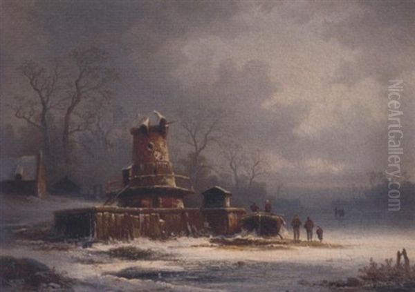 Figures By A Mill On A Frozen Waterway - view 1