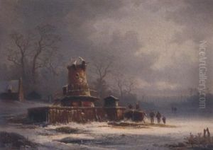 Figures By A Mill On A Frozen Waterway by Coelestin Bruegner