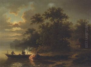 Fischer Im Nachen Am Seeufer by Coelestin Bruegner