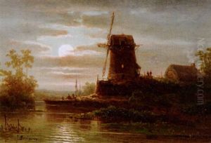 Fluslandschaft Mit Muhle Im Mondschein Fluslandschaft Mit Muhle Im Mondschein