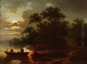 Fischer Bei Nacht Am Seeufer by Coelestin Bruegner