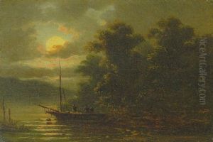 Mondscheinlandschaft Mit Fischern Im Boot Am Seeufer by Coelestin Bruegner