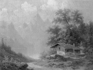 Alpenseelandschaft Mit Sennerhutte by Coelestin Bruegner
