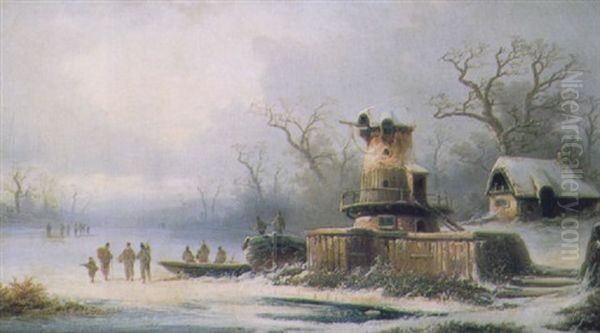 Figures On A Frozen River In A Winter Landscape - view 1