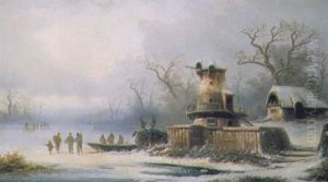 Figures On A Frozen River In A Winter Landscape by Coelestin Bruegner