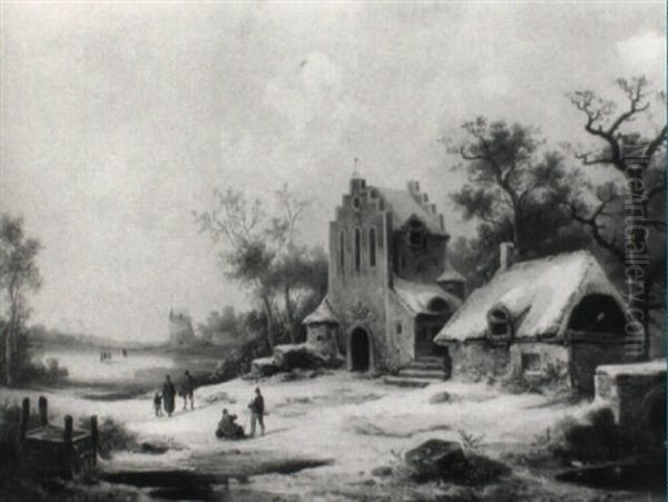 Winterlandschaft Mit Einem Kirchlein Am Seeufer - view 1