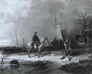 Reiter Und Fischer Am Strand by Coelestin Bruegner
