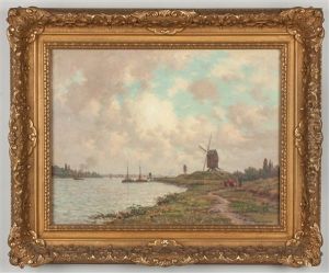 Canal Scene With Windmill by Victor Bruguirolles