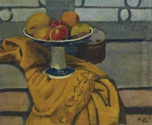 Fruchteschale Auf Gelbem Tuch by Hans Bruhlmann