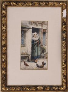 Girl Feeding Chickens by Auguste Allonge