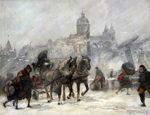 Besneeuwde Prins Hendrikkade Te Amsterdam Met De Schreierstoren En De St. Nicolaaskerk - view 1