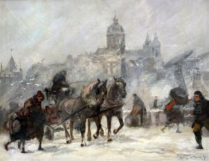 Besneeuwde Prins Hendrikkade Te Amsterdam Met De Schreierstoren En De St. Nicolaaskerk by Cornelis De Bruin