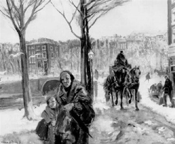 Grootmoeder Met Kind Op Winterse Gracht - view 1