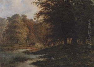 Figures On A Track In A Wooded Landscape by Adrianus Henrikus De Bruine