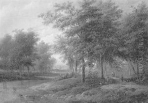 Waldlandschaft Mit Bach Und Passanten Am Wege
