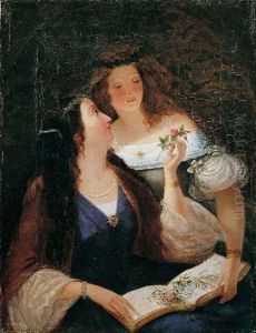 Zwei Junge Frauen, Eine Rose Betrachtend