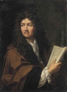 Portrait Of Francois Michel Le Tellier, Marquis De Louvois, In A White Shirt With Lace Collar And Cuffs And A Brown Mantel, With The Order Of Saint Maurice And Saint Lazare, Holding An Architectural Plan