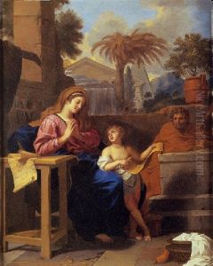 La Sainte Famille En Egypte Avec L'enfant Jesus Expliquant Les Figures De L'alphabet Hebreu by Charles Le Brun