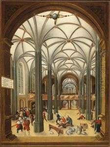 A Church Interior With Christ Driving The Money Changers From The Temple