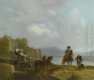View From A Hilltop Across A Lake, With Figures In An Elegant Horse-drawn Carriage Along A Road, A Grand Building To The Left And A Small Town In The Mountains Beyond by Louis-Auguste Brun
