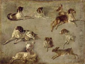 Study Of Seven Dogs, A Goat And A Hare by Louis-Auguste Brun
