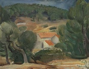 Hugelige Landschaft Mit Hausern by Heinrich Brune