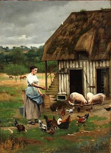 A Girl Feeding Chickens And Pigs - view 1
