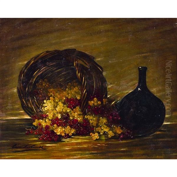 Stillleben Mit Johannisbeeren, Flechtkorb Und Flasche - view 1