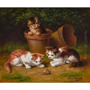 Katzchentrio Mit Weinbergschnecke by Alfred Arthur Brunel de Neuville