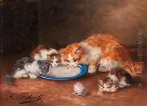 Mother Cat With Three Kittens by Alfred Arthur Brunel de Neuville