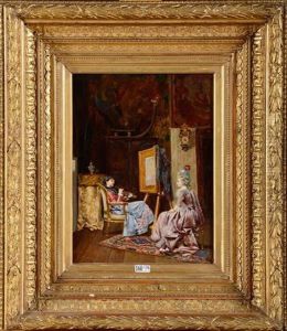 Peintre Et Son Modele Dans L'atelier by Francois Brunery