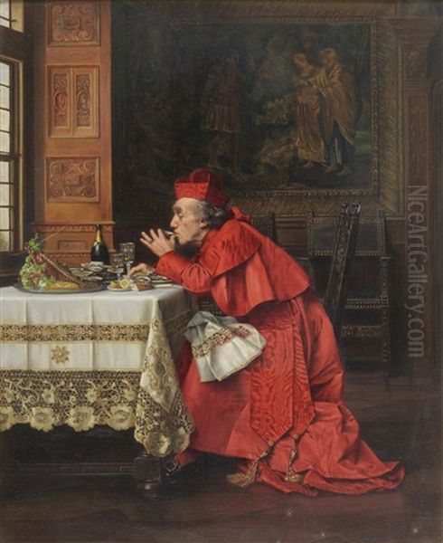 Interior Scene With A Cardinal Eating Oysters And Drinking Champagne - view 1