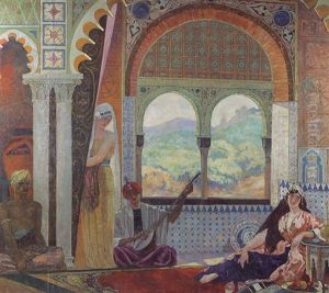 L'odalisque, Le Musicien Et La Servante Dans Un Palais Oriental by Emile-Jean-Marie Brunet