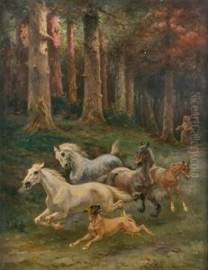 Chevaux Et Chien Effrayes Par Un Ours by Pierre Auguste Brunet-Houard