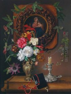 Stillleben Mit Blumen In Vase Und Madonnenbildnis by Leopold Brunner the Elder