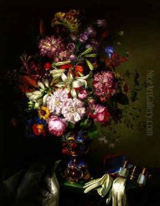 Flowers In A Rocaille Molded Vase, With Gloves, Opera Glasses And A Shawl On A Marble Table by Leopold Brunner the Elder
