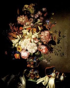 A Still Life Of Flowers And Opera Glasses by Leopold Brunner the Elder