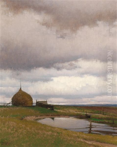 Landscape With Layered Straw And A Pond - view 1