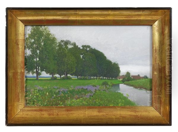 Landschaft Mit Bach, Laubbaumen Und Dorf Im Hintergrund - view 1