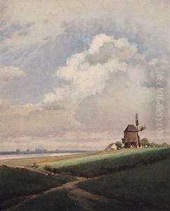 Nordliche Flusslandschaft Mit Windmuhle Im Sonnigen Licht An Einem Sommertag by Ferdinand Brunner