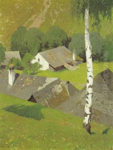 Blick Auf Ein Gehoft Mit Birke by Ferdinand Brunner
