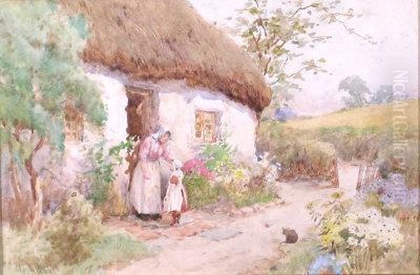 Mother And Child Outside A Thatched Cottage - view 1