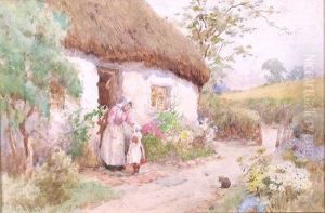 Mother And Child Outside A Thatched Cottage by Henry Curzon Allport