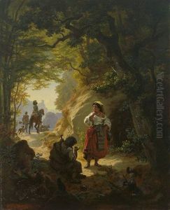 Vor Einer Waldklause Junge Frau Mit Wahrsagerin by Hans Brunner