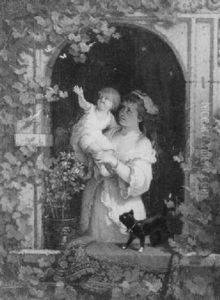 Junge Frau Mit Kind An Einem Mit Weinlaub Umrankten Rundbogenfenster by Hans Brunner