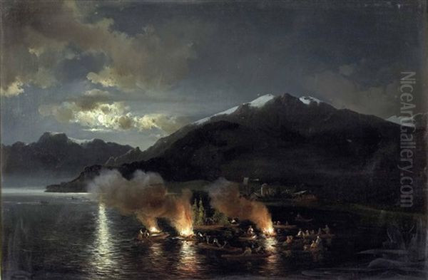 Sonnwendfeuer? Auf Einem Alpensee Bei Mondschein - view 1