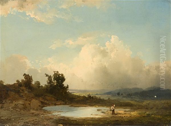 Wanderer In Stimmungsvoller Landschaft Bei Aufsteigendem Gewitter - view 1