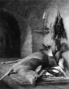 Jagdstilleben Mit Reh Und Vogeln Auf Einem Holztisch by Karl Bruenner