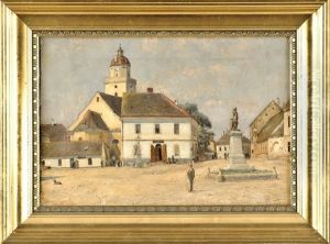 Dorfplatz Mit Figurl. Standbild, U. Reicher Figurenstaffage Vor Kirchturm Im Hintergrund Dorfplatz Mit Figurl. Standbild, U. Reicher Figurenstaffage Vor Kirchturm Im Hintergrund